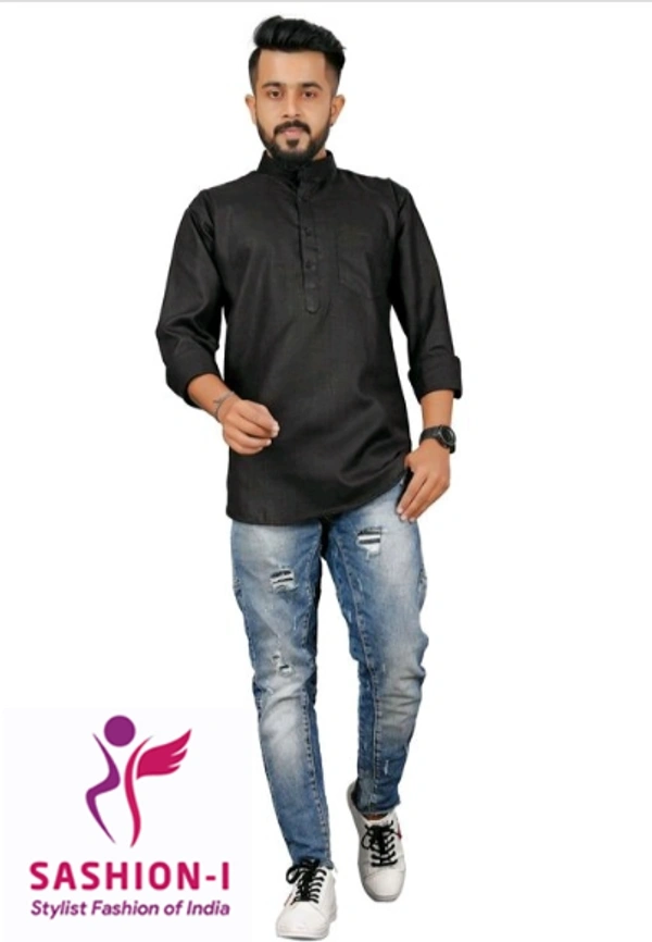Men's Stylish Full Sleeve Short Kurta - Black
